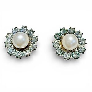 Vintage Napier Faux Pearl Glass Rhinestone Pierced Earrings Signed